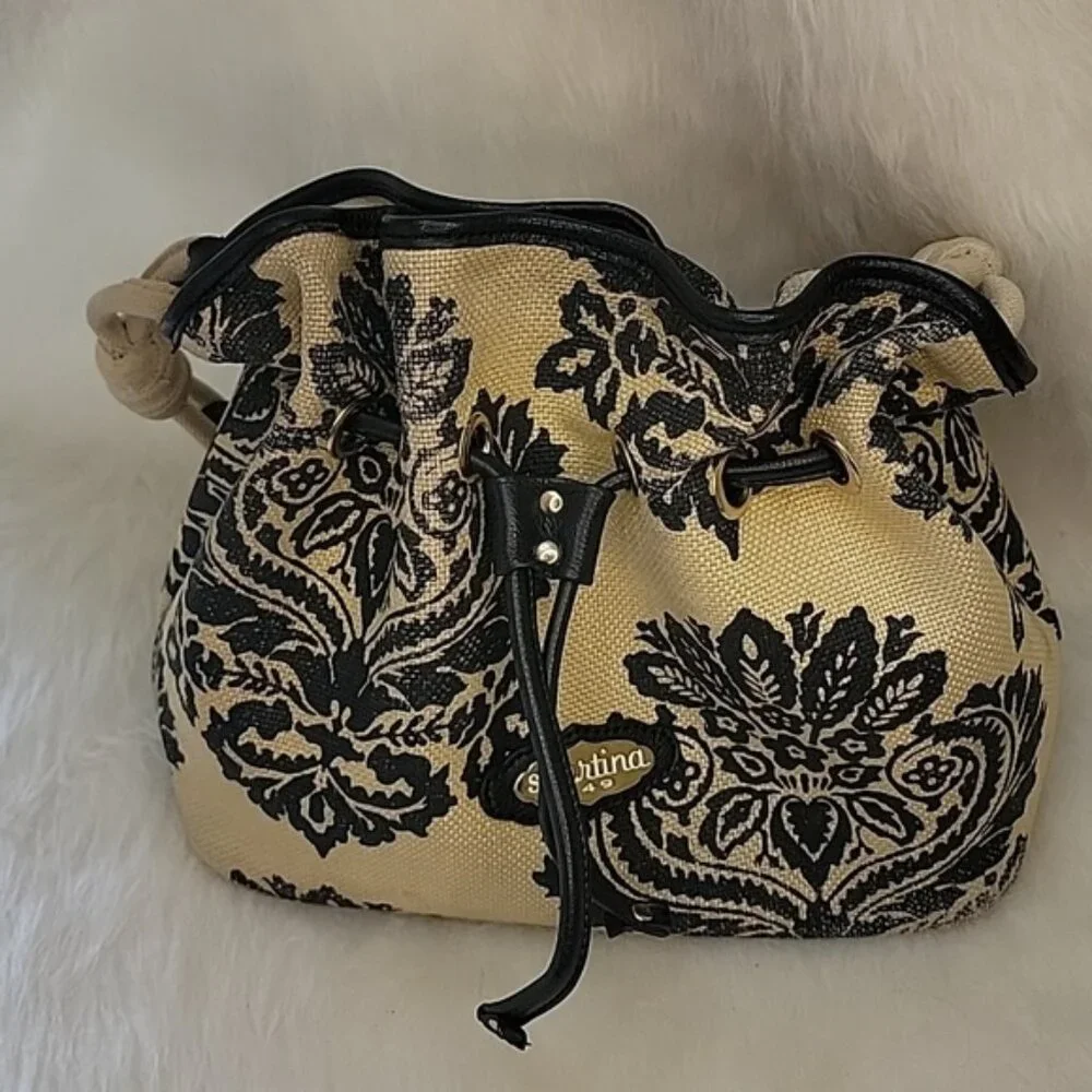 SPARTINA 449 Black Tan Linen Damask Print Single‎ Handle Drawstring Bucket Bag